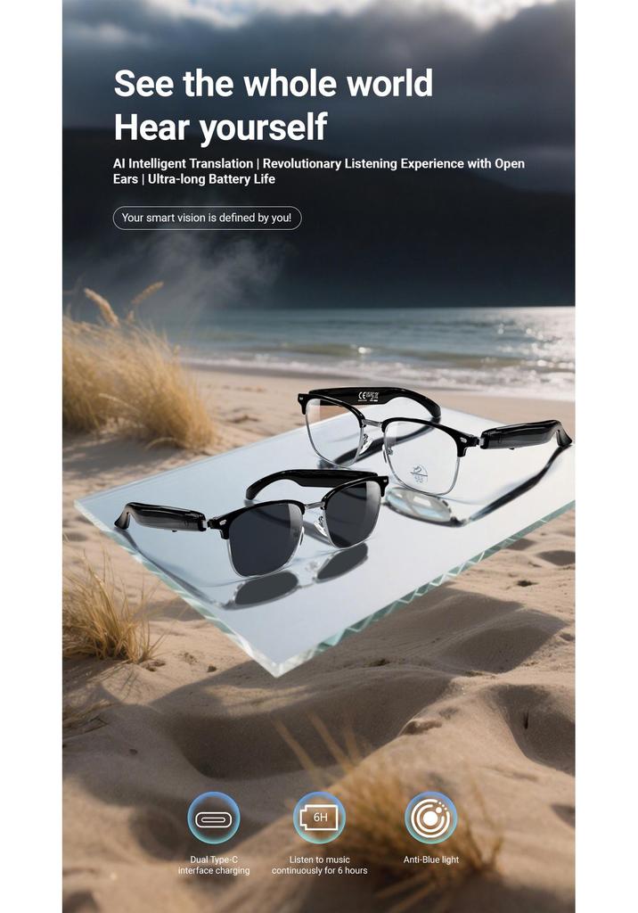 Smart Bluetooth Glasses with AI Translation: Supports 100+ Languages, Music Streaming, and Hands-Free Calls