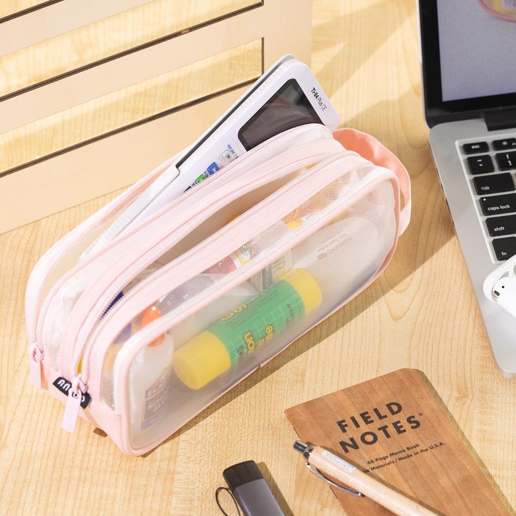 Large Mesh Pencil Case Double Layer Transparent Pencil Pouch, Handheld Multifunctional Cosmetic Bag, Suitable for School Office