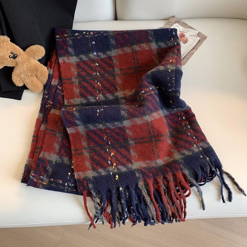 Green Plaid Imitation Cashmere Scarf for Women in Winter Korean Style Thickened Warm Scarf Student Shawl Outer Wear