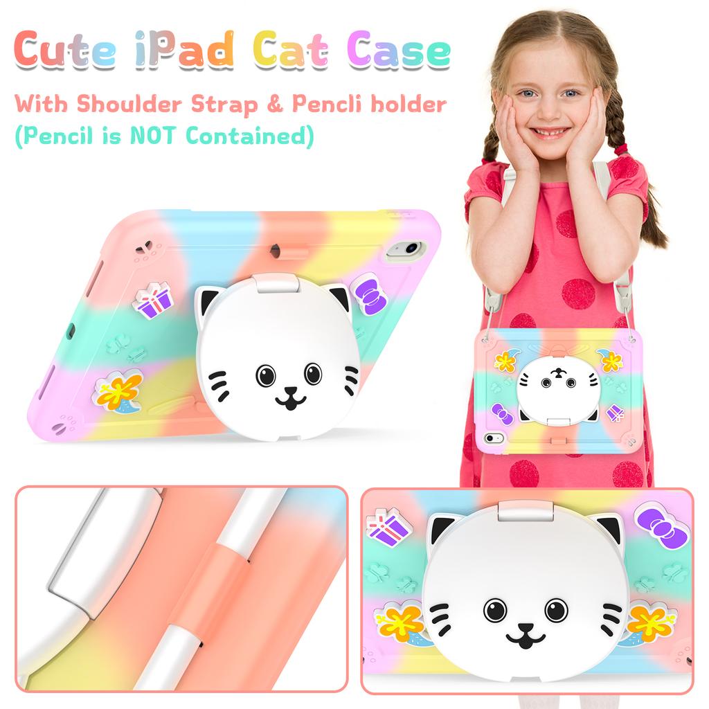 For iPad (2025)/iPad 10.9 (2022) Case PC + Silicone Colorful Tablet Cover with Cat Kickstand/Shoulder Strap