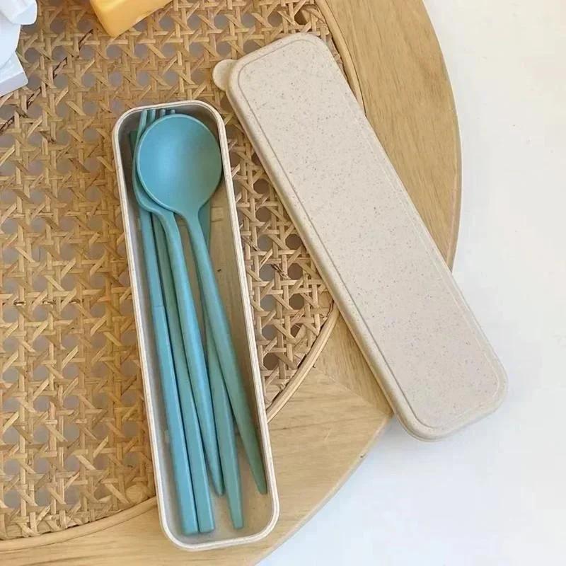 4 Pcs Wheat Straw Dinnerware Set Portable Tableware Knife Fork Spoon Eco-Friendly Travel Cutlery Set Utensil Box Chopsticks Set