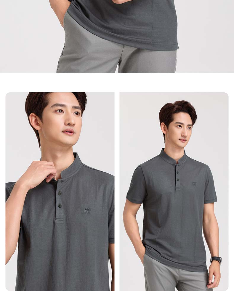 [Imitation Hemp Chinese Style] Langdeng Men's Stand up Collar T-shirt 2026 Summer New Half Open Lightweight Chinese Style Short Sleeve