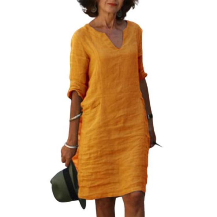 

Loose V Neck Knee Length Midi Dress Summer Three Quarter Sleeves Simple Style Commute Casual Lady Dress Daily Wear Solid Color S оранжевый