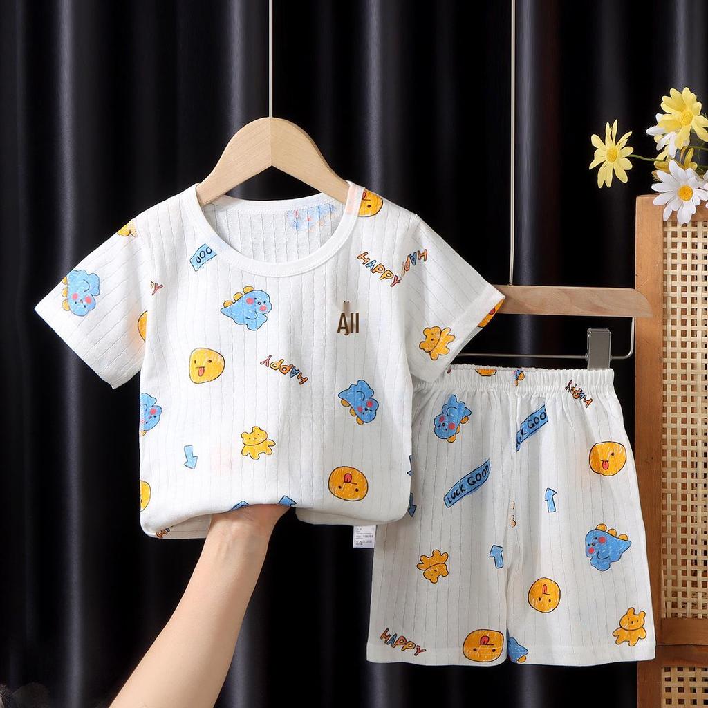 Kids' Summer Jacquard Pajama Set: Short-Sleeved Shirt and Shorts for Boys and Girls