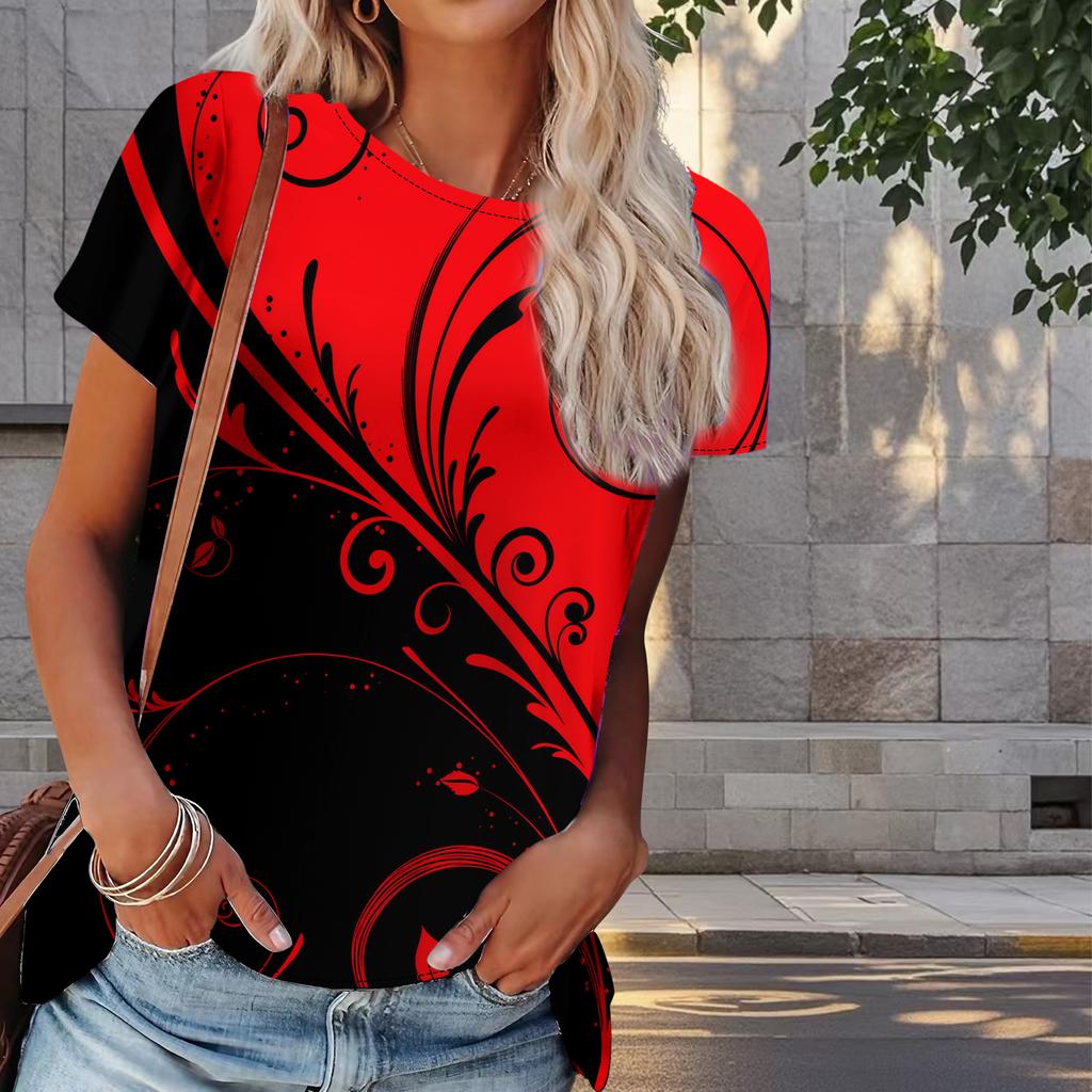 Camiseta feminina de verão com estampa de folhas, retrô, moda, manga curta, casual, estampada