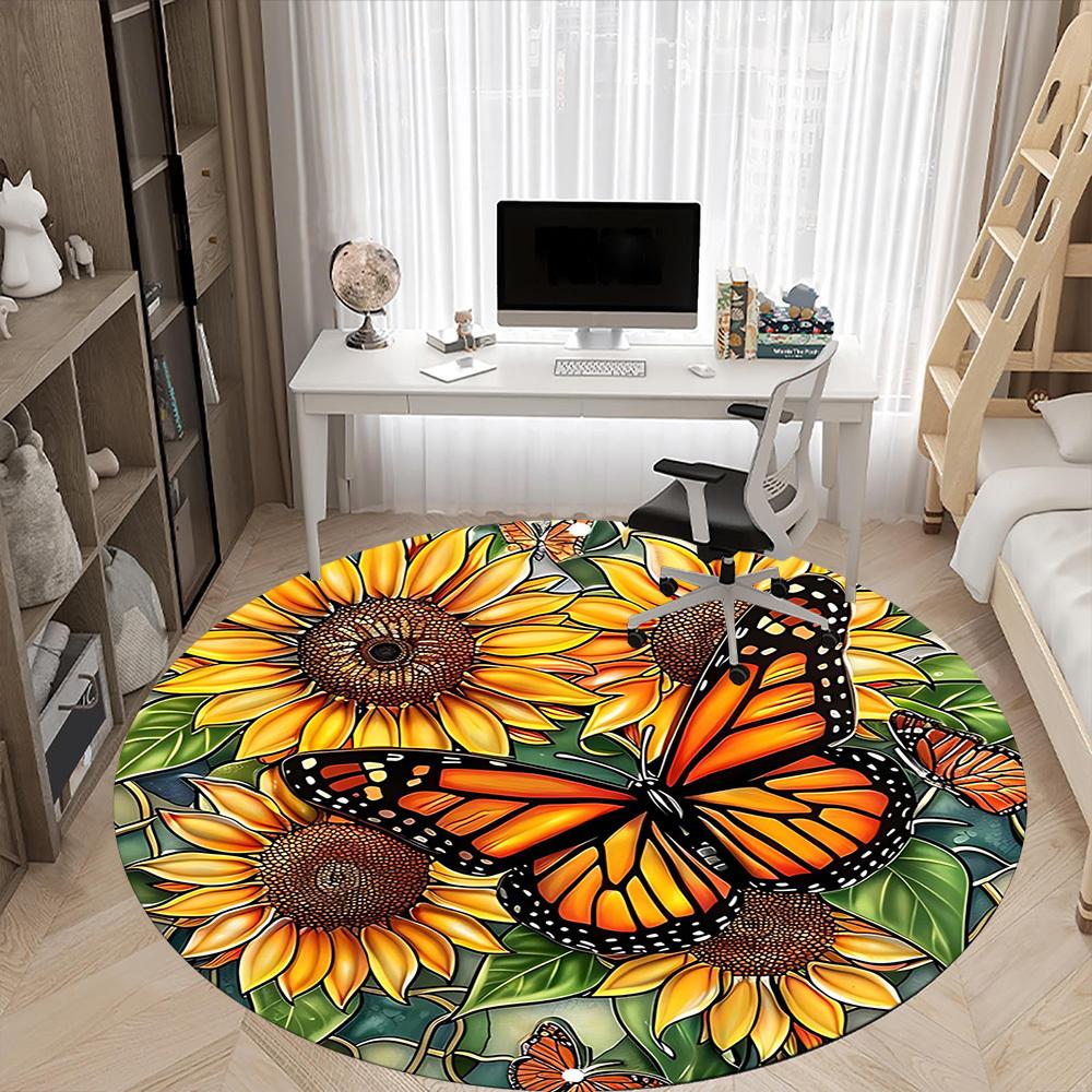 1PC Butterfly Sunflower Office Round Area Rug, Indoor Mat Suitable For Office, Under Office Chairs Bedroom Living Room Home Decor, Room DecoT1223060