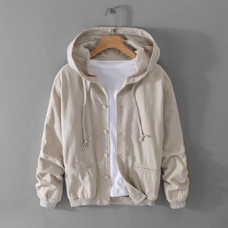 Men's Hooded Linen Jacket - Casual Spring/Autumn Coat, Loose Fit, Youth Trend, Cotton Blend (Y201)