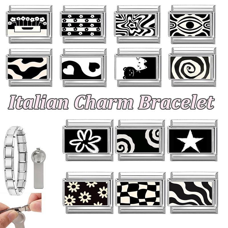 Y2K Black Series Heart Sunflower Heart Star Tai Chi Eye Cat Italian Charm Links Fit 9mm Stainless Steel Bracelet DIY Making Gift