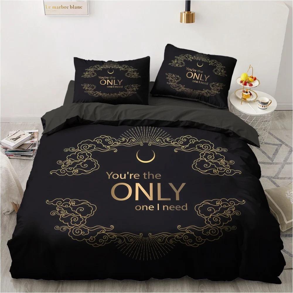 3D Black Bedding Collection Pillowcase King Queen Full Single 200X200 With Bed Linen Gold Design 3D Printed Duvet Cover Collection For Teens Women