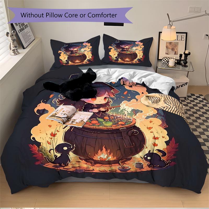 3pcs Witch Picture Design Quilt Cover Set - Soft and Cozy Bedroom, Guest Room and Dorm Decorative Bedding 3-Piece Set 1 Quilt Cover + 2 Pillow Sh