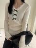 Women's Lace Bow V-Neck Wool Sweater - 2024 Autumn/Winter Slim Fit French Style