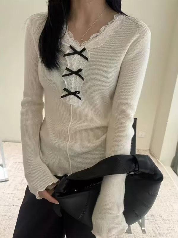 Women's Lace Bow V-Neck Wool Sweater - 2024 Autumn/Winter Slim Fit French Style