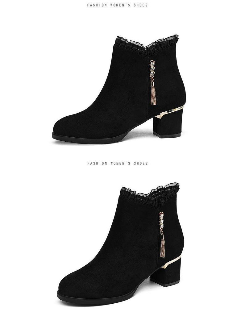 Damskor, Frostad Läder, Rund Tå, Tjock Klack, Ankelboots - Plus Sammet Varma