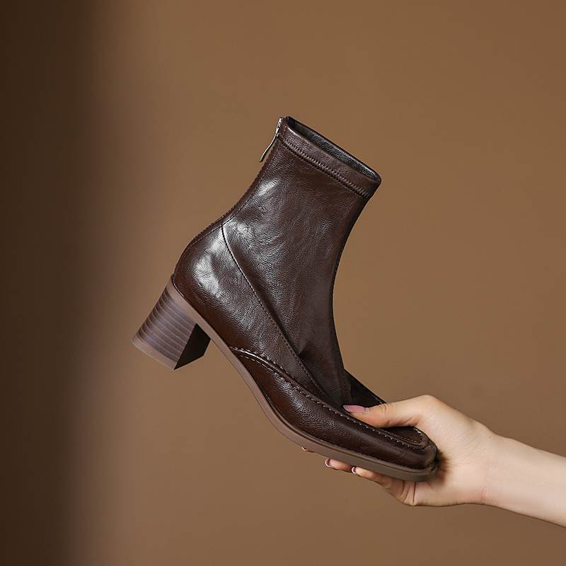 Krazing Pot Botines Chelsea de Puntera Cuadrada con Tacón Grueso de Microfibra Talla 42 Cremallera Decoración Plisada para Mujer Botines Elásticos en el Tobillo