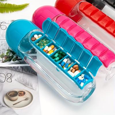Tragbare Wasserflasche mit integrierter Pillendose für Medikamente, Vitamine, perfekt für Outdoor, Fitnessstudio, Fitness, Camping und Reisen