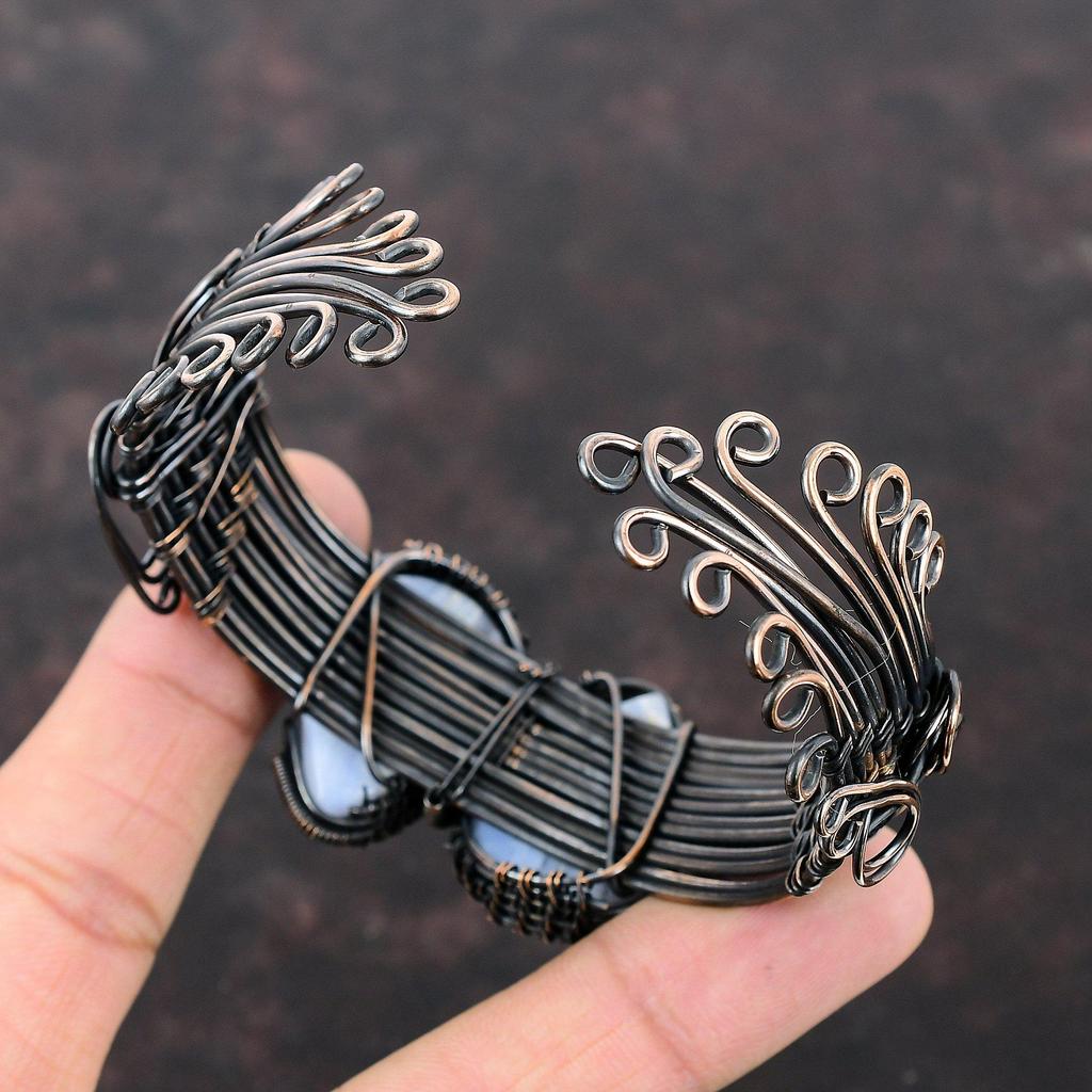Blue Lace Agate Copper Bangle Wire Wrapped Cuff Bracelet Adjustable Bangle Handmade Gemstone Jewelry Gift For Mom Dainty Copper Wire Jewelry