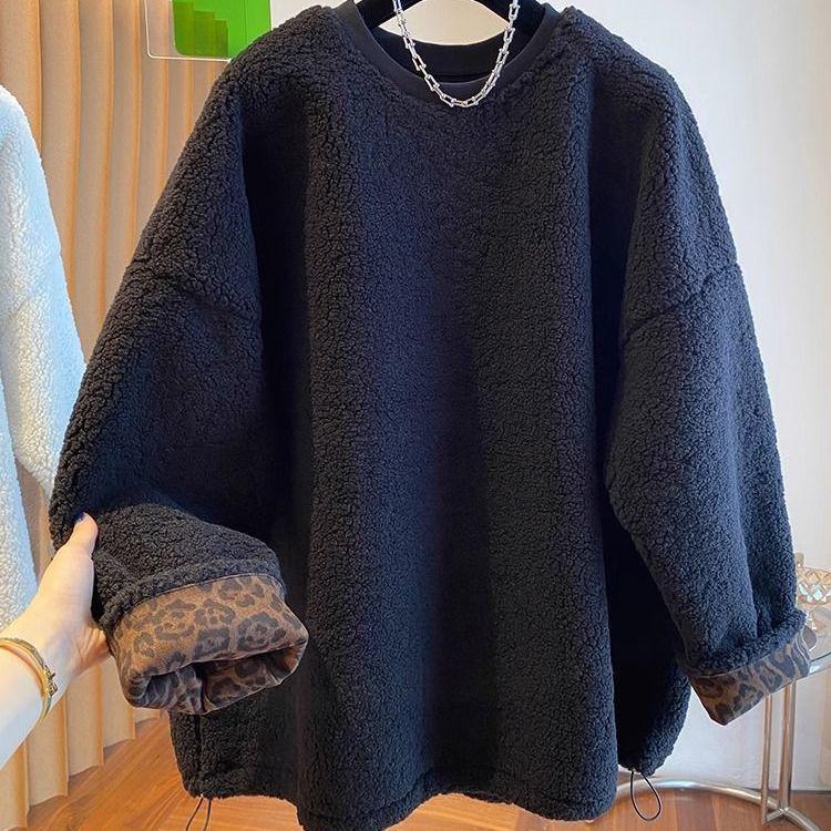 High-End Lazy Style Round Neck Sweatshirt - Imitation Lamb's Wool, Solid Color, Thickened for Autumn/Winter, 2025 Collection.