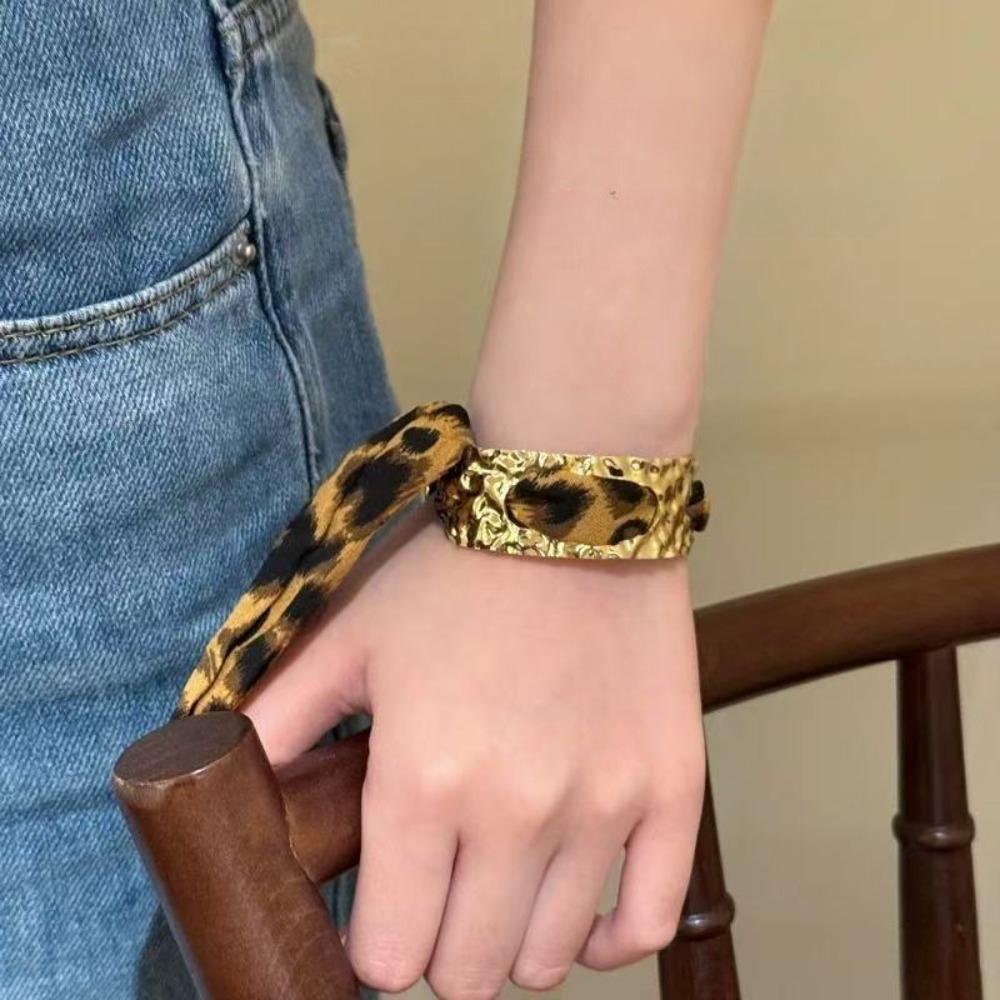 Retro Y2k Gold Color Geometric Liquid Metal Leopard Print Silk Scarf Winding Bracelet for Women Personality Hot Girls Jewelry