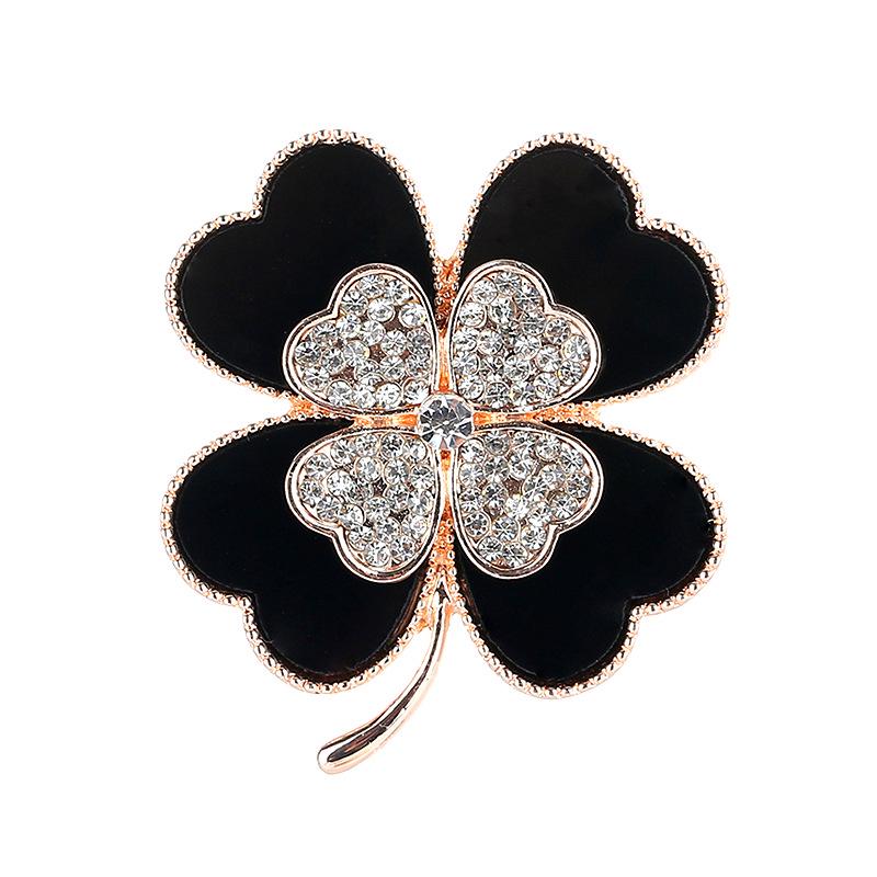 Black Four-Leaf Clover Brooch, High-End Femininity, Fashionable Diamond-Encrusted Brooch, Anti-Light Pin, Clothes And Accessories.
