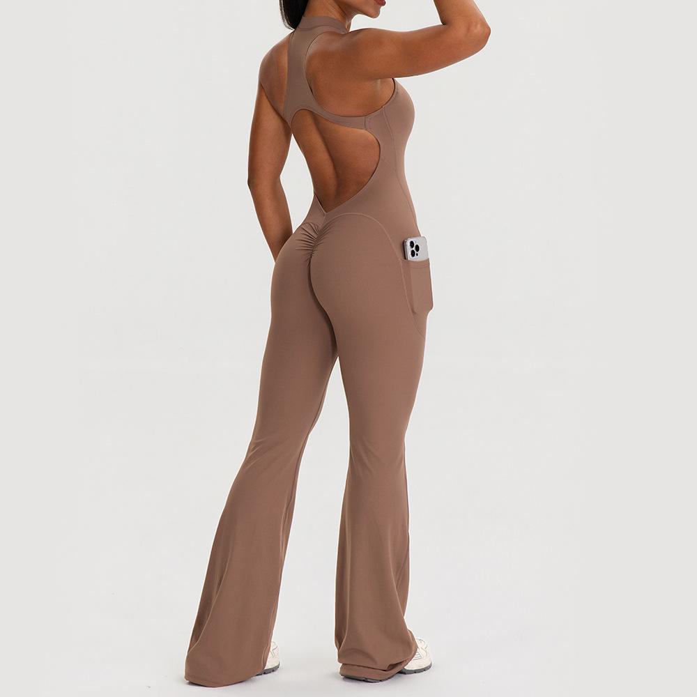 European and American Sleeveless Yoga Bodysuit with Strap Pocket, Sexy Open Back, Hip Lifting Flared Jumpsuit