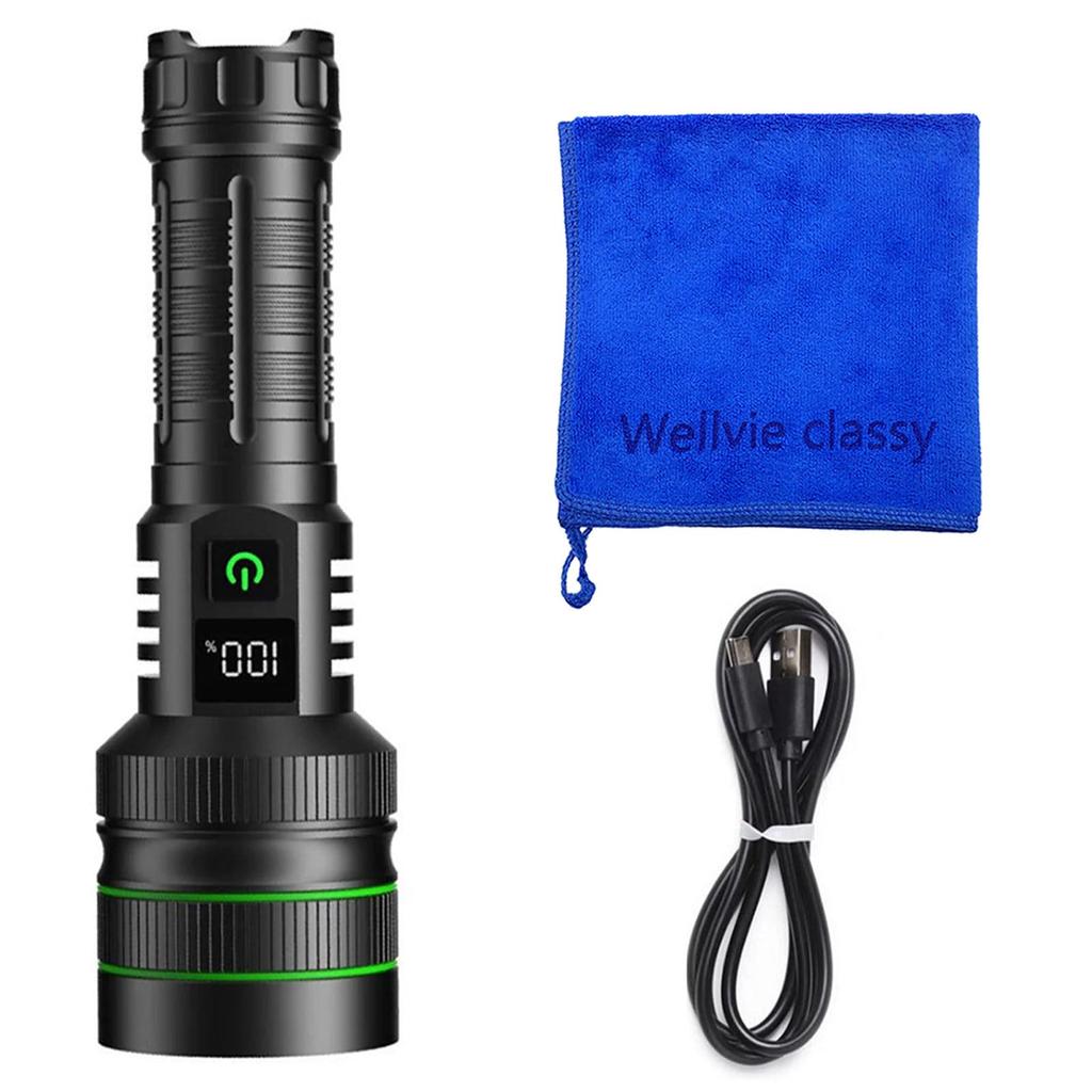 Wellvie Classy LED Flashlight with LCD Digital Battery Level USB Bright New 5 Dimmable Aluminum IP67 Waterproof Screen, Display, Powerful,