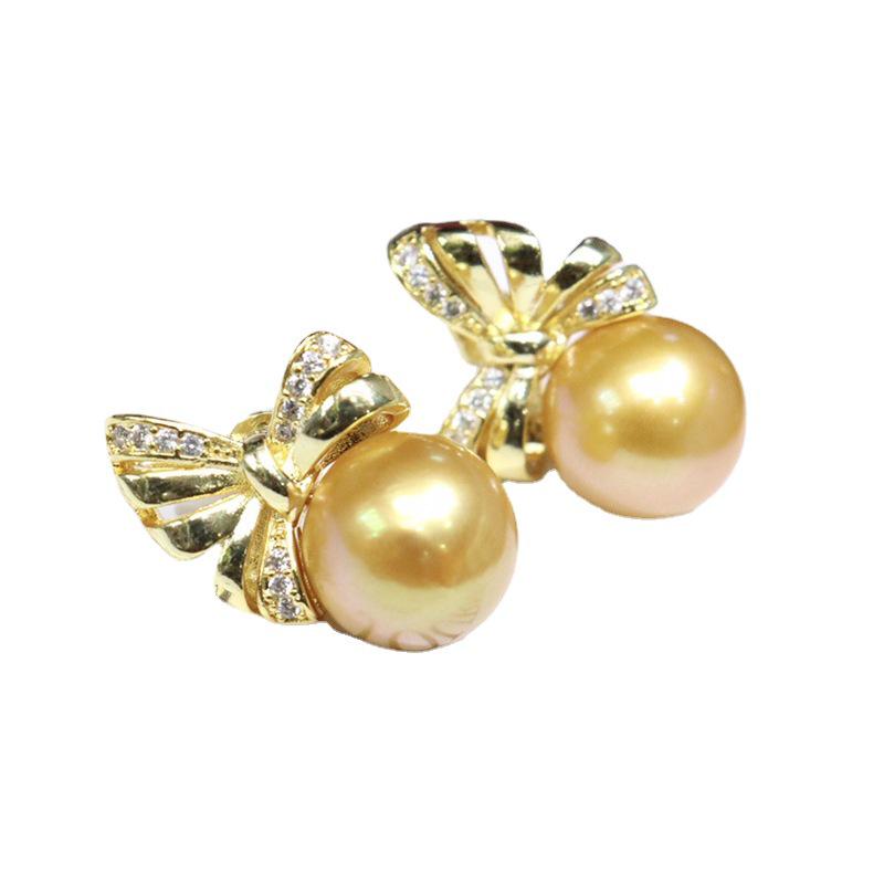 Bowknot Freshwater Pearl Stud Earrings 10-11mm - Round, Slight Imperfections, Good Luster, Light Luxury, Trendy Internet Celebrity Style.