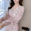 New Spring/Autumn Long Sleeve Waist Slimming High Waist Display High-Waisted Floral Chiffon Dress Long Dress