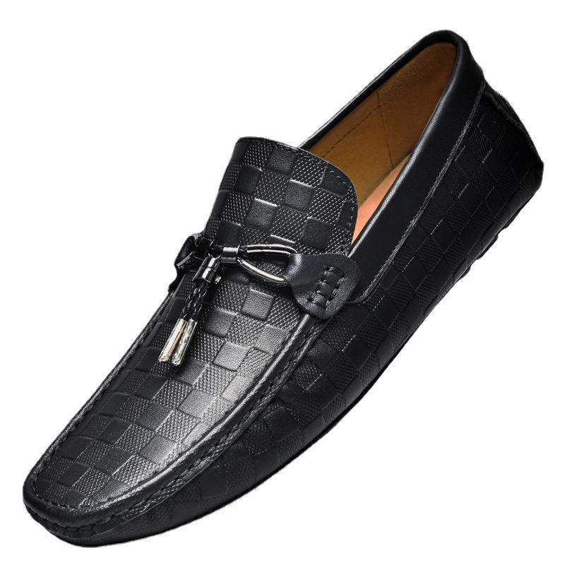 Embossed Plaid Casual Leather Shoes Trendy Driving Doudou Shoes Men's Genuine Leather Soft Sole Breathable Spring Shoes Men's Shoes
