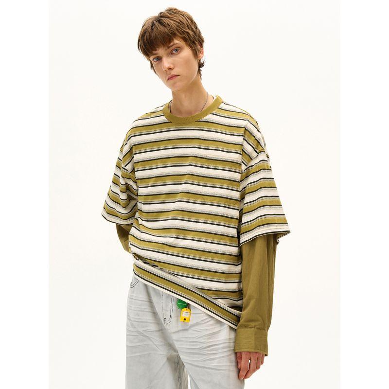 Madwitch American Classic Fake Two-Piece Striped Long-Sleeve T-Shirt for Men and Women, Loose Casual Lazy Couple Top Ins