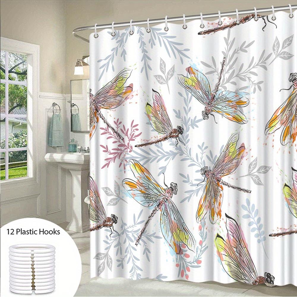 1pc Dragonfly and Leaves Shower Curtain - Natural Watercolor Pattern, Machine Washable, Polyester Fabric, Machine Washable