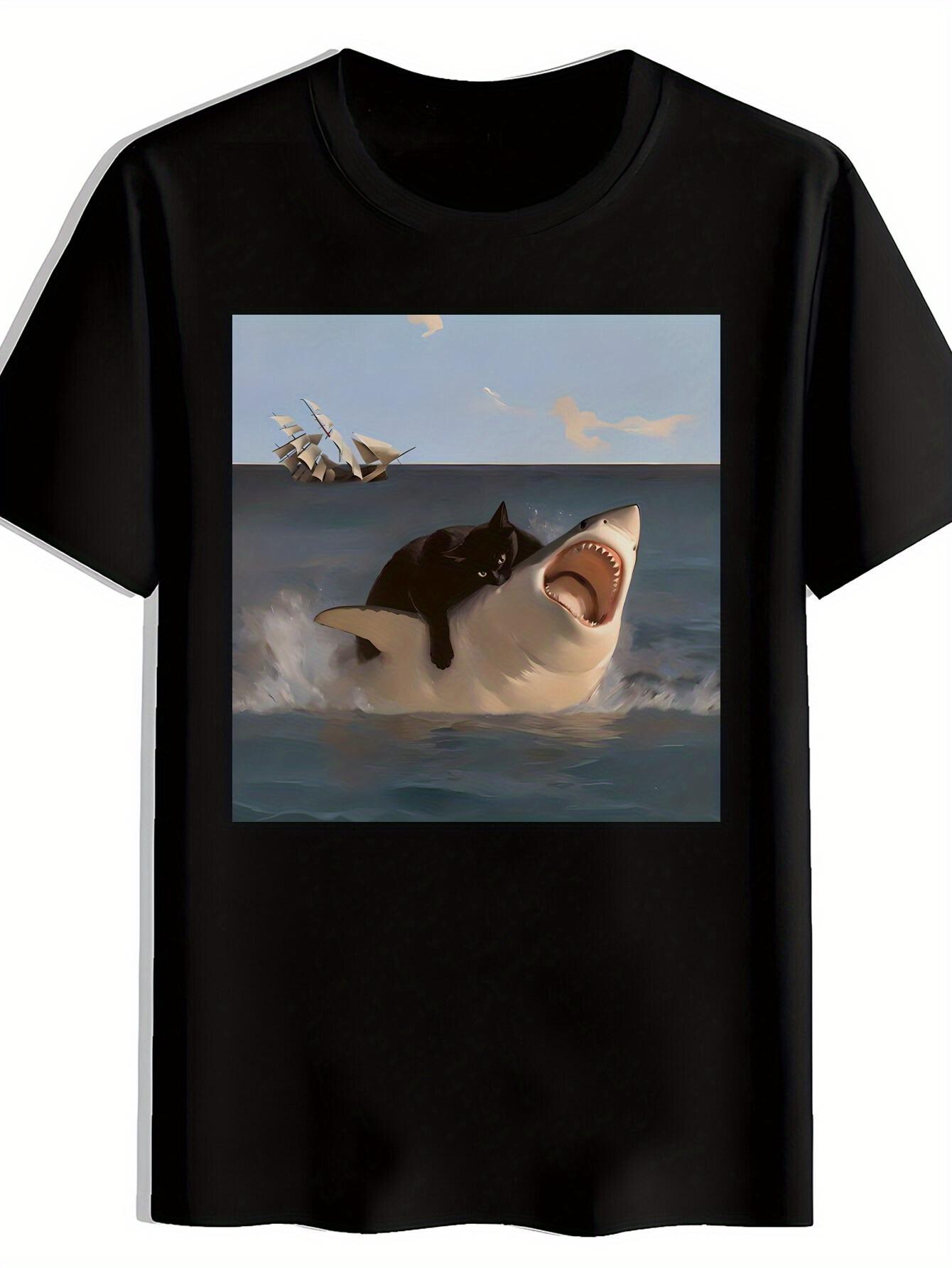 Black Cat Suppressing Great White Shark Graphic Print Men S Casual Round Neck T-Shirt L