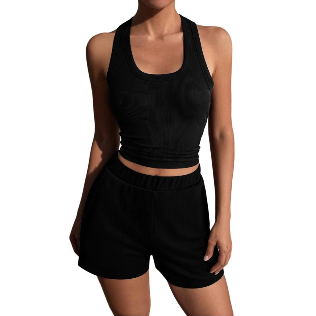 Women's Sleeveless Tank Top and Shorts Set Ribbed Round Neck Casual Two Piece Summer Outfit Suitable for Daily Wear and Light Exercise