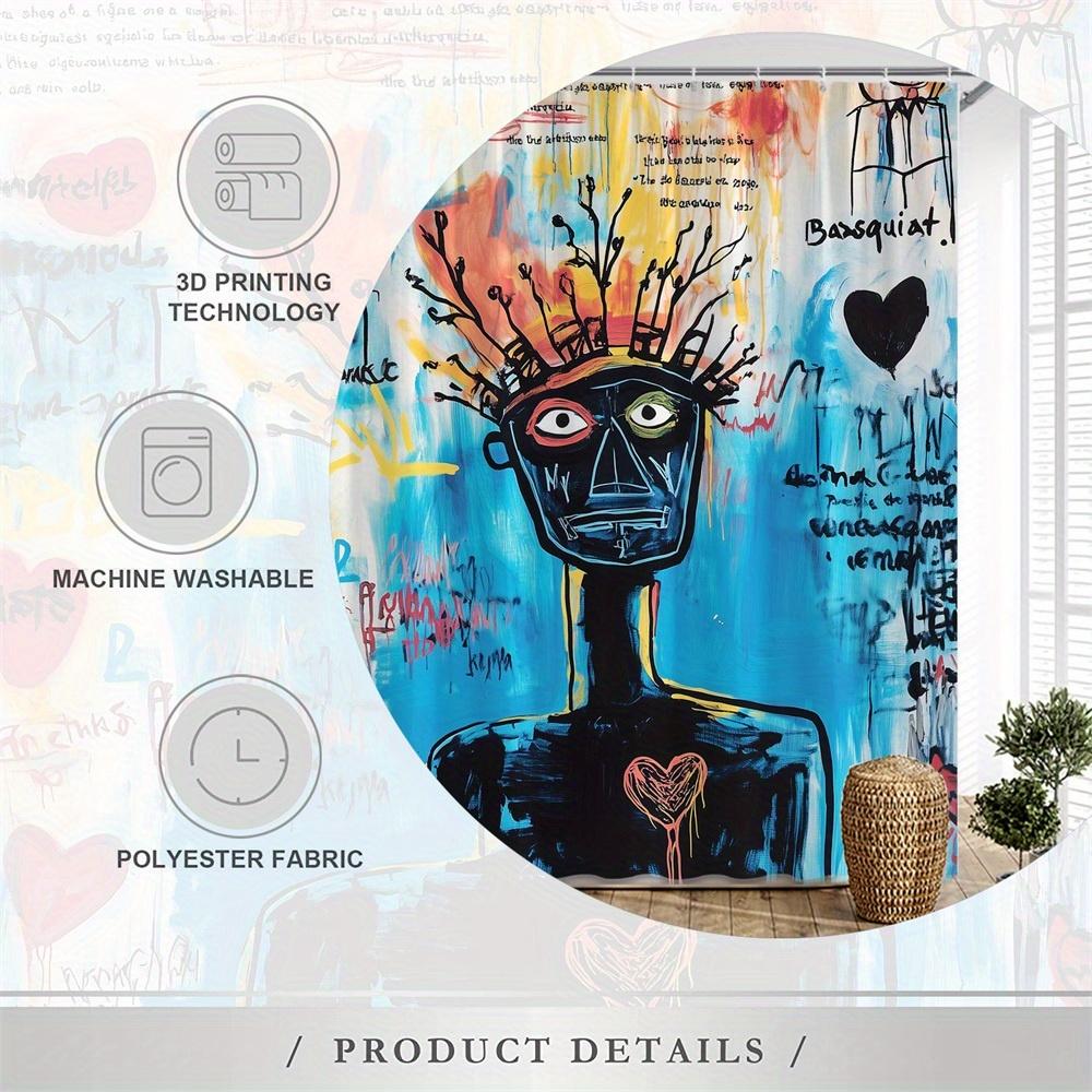 1pc Abstract Artistic Humanoid Figure Shower Curtain, Vibrant Mismatched Eyes Crowned Head Graffiti Style Urban Surreal Design,