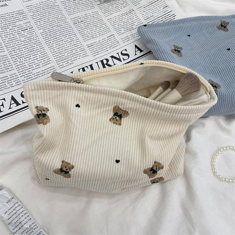 Portable Cartoon Bear Makeup Bag Corduroy Large Capacity Cosmetic Bag Pen Bags For Women Lady Girl