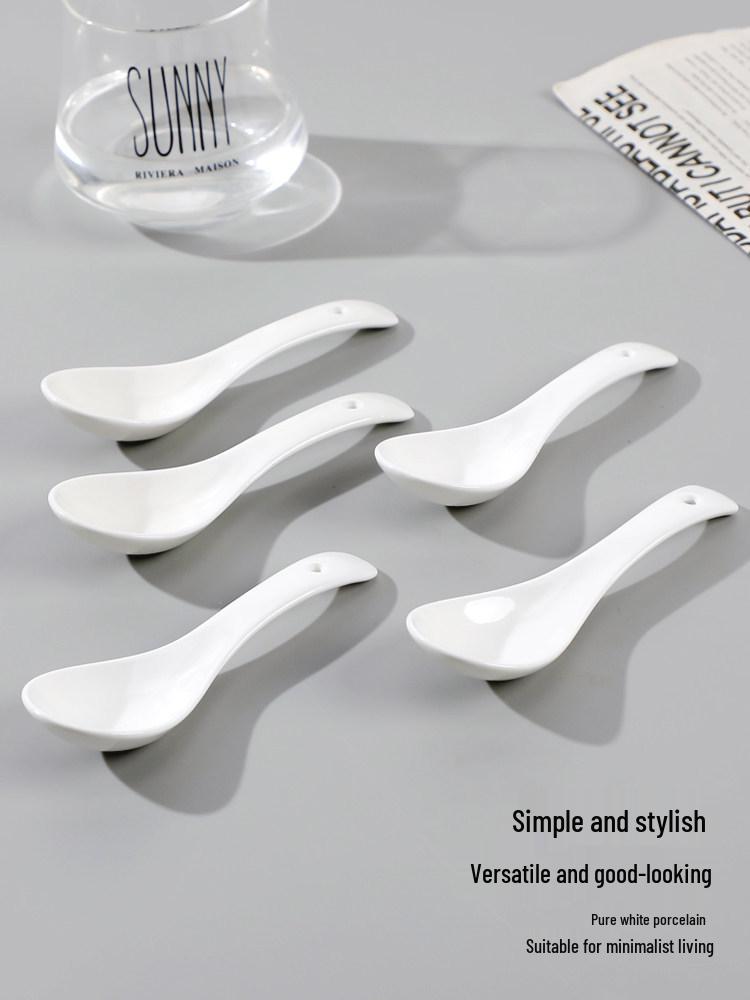 Set of 10 Pure White Ceramic Teaspoons: Creative Small Spoons for Soup, Desserts, Bowls, and Chopsticks Pure White Small Soup Spoons Set of 10
