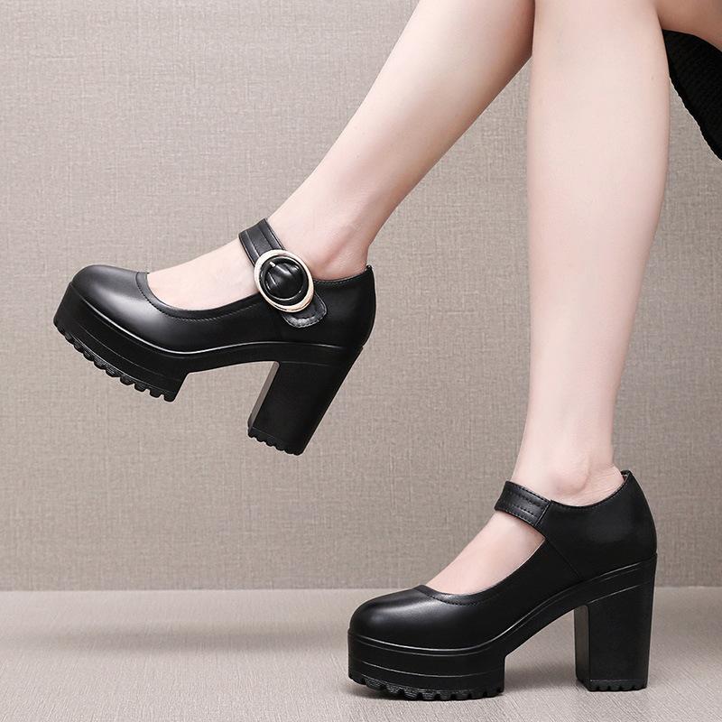 6cm 8cm 10cm Small Size 32-43 Shallow Comfortable Genuine Leather Shoes Women Pumps 2025 Fall Block High Heels Mary Janes Work