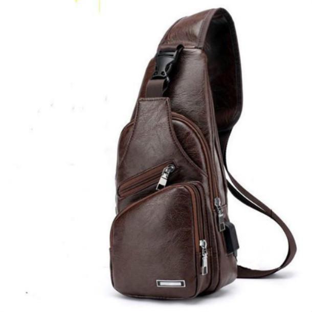 

Мужская наплечная сумка для зарядки Кожаная сумка USB нагрудная сумка Спортивная сумка для походов из искусственной кожи светло-коричневого
