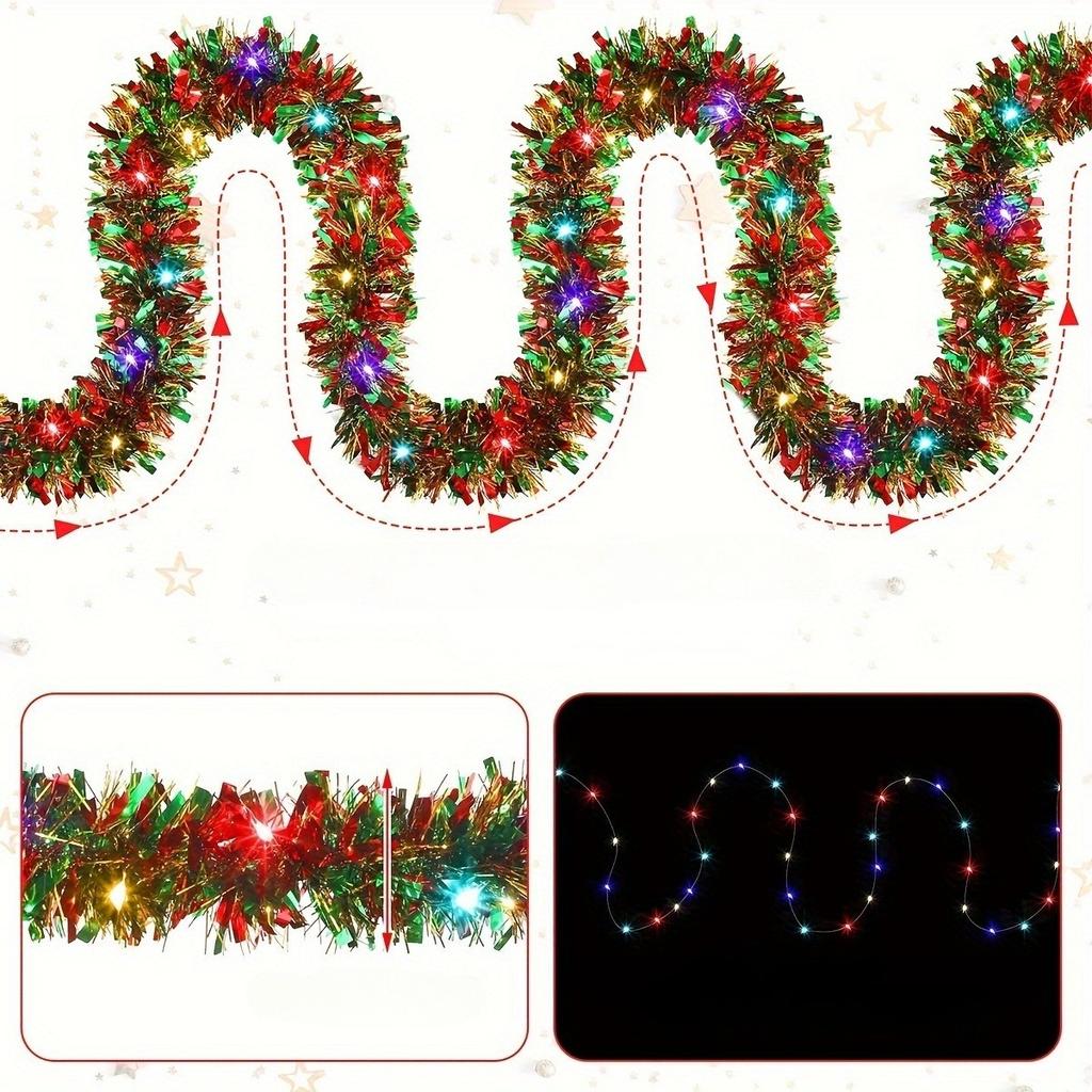 Christmas Tinsel Garland Thick Hanging Decorations for Xmas Party Indoor Outdoor (Without Battery)  for Festive Decorations