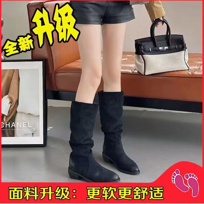 Korean version of retro long boots stacking boots thick heel high boots tall knight boots thin boots medium heel pointed cowboy boots