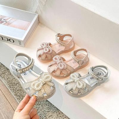 Children Summer Sandals Girls Butterfly-knot Princess Shoes for Party Wedding Soft Sole Kids Pearls Hollow Toes Capped Shoes