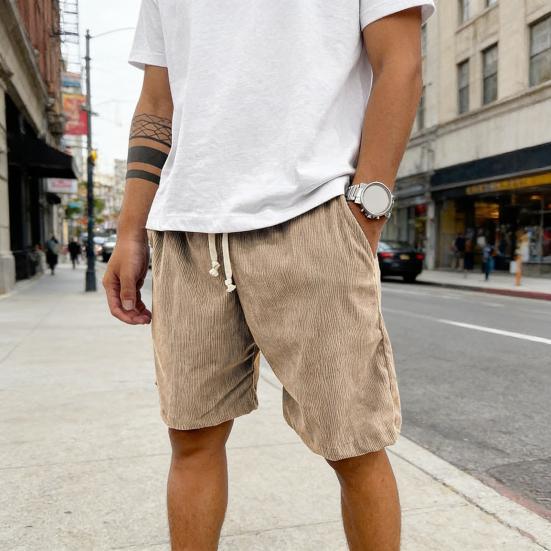 Men Shorts Elastic Waist Adjustable Leg Summer Corduroy Drawstring Wide Shorts with Pockets Loose Fit Casual