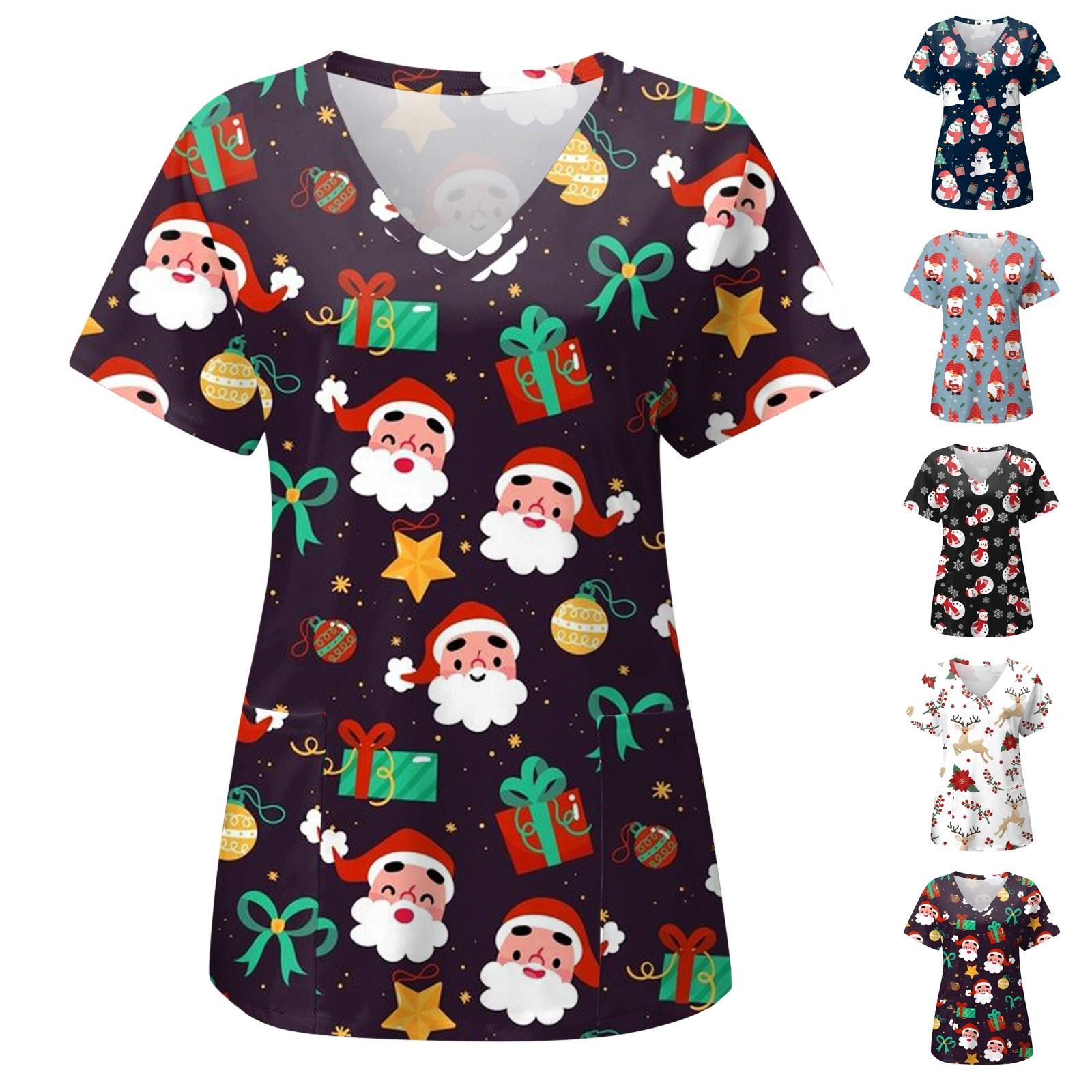 

Женская рождественская рубашка с забавным принтом и короткими рукавами и v-образным вырезом, рабочая рубашка с карманами, защитная одежда