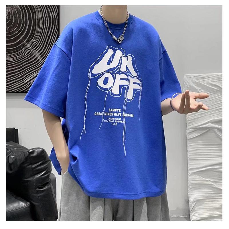 

Мужские футболки с коротким рукавом с буквенным графическим принтом и половиной рукава Футболка-пуловер Повседневная футболка Мужская корейская повседневная футболка с круглым вырезом в стиле ретро 5XL синий