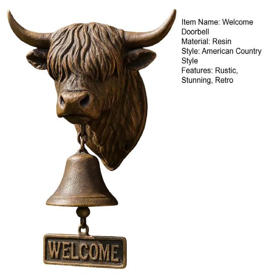 Highland Cow Head Doorbell with Welcome Sign Rustic Wall Mounted Resin Cow Hanging Bell Decor for Farmhouse Porch Entryway Kitchen