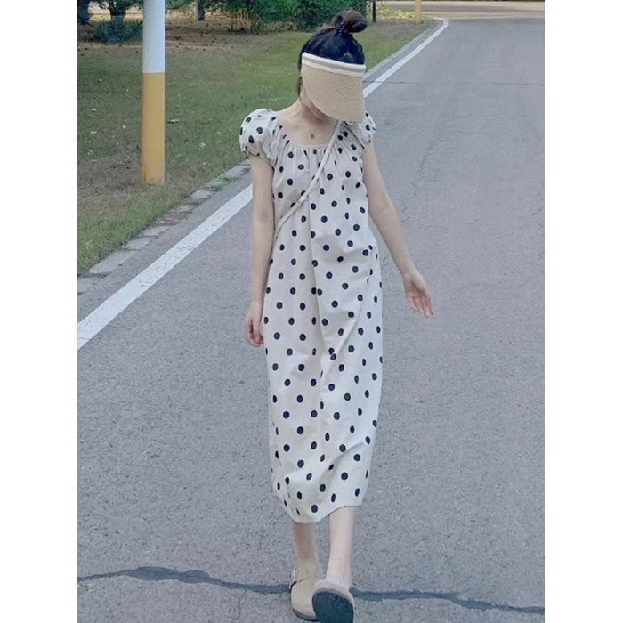 

Summer new round neck bubble sleeve polka dot chiffon dress lace-up waist thin casual temperament long dress S