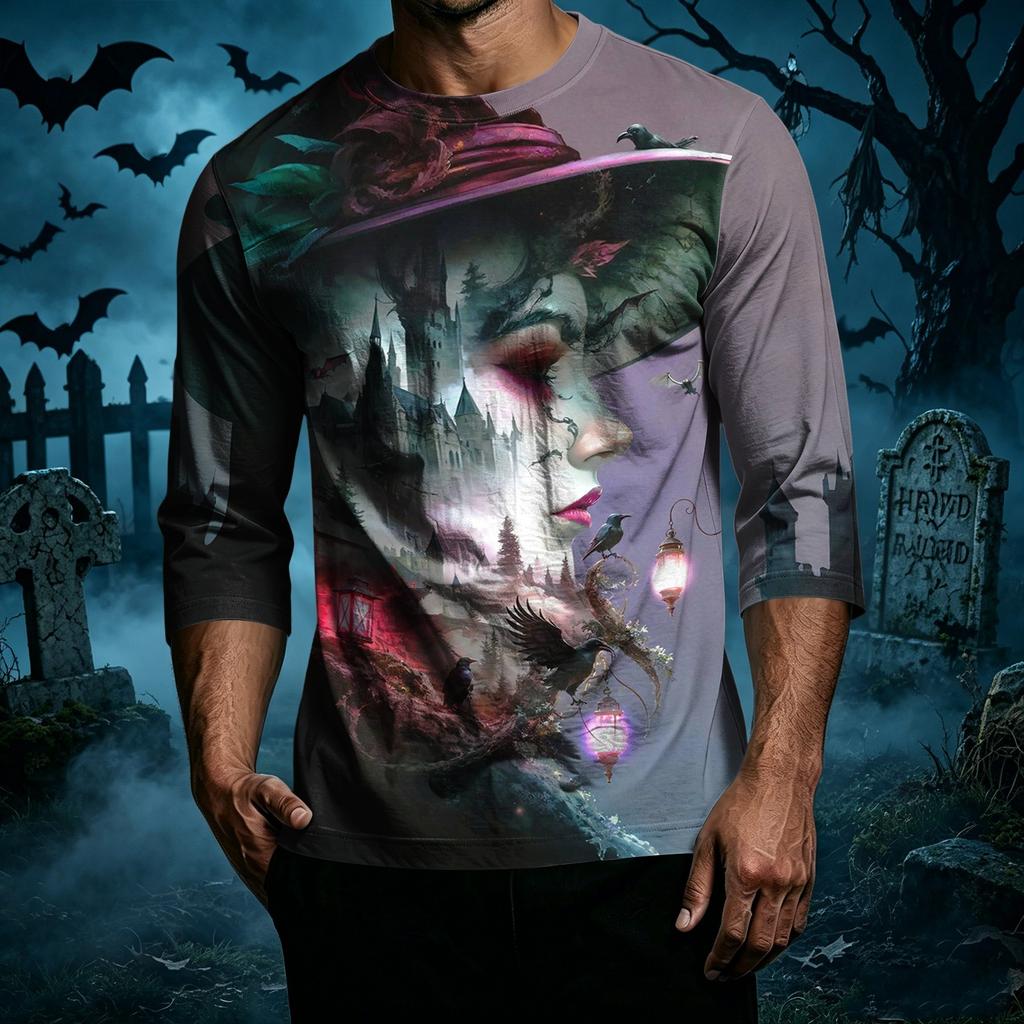 Men Casual Halloween Print Crew Neck T Shirt Three Quarter Sleeve Relaxed Fit Top for Everyday Wear