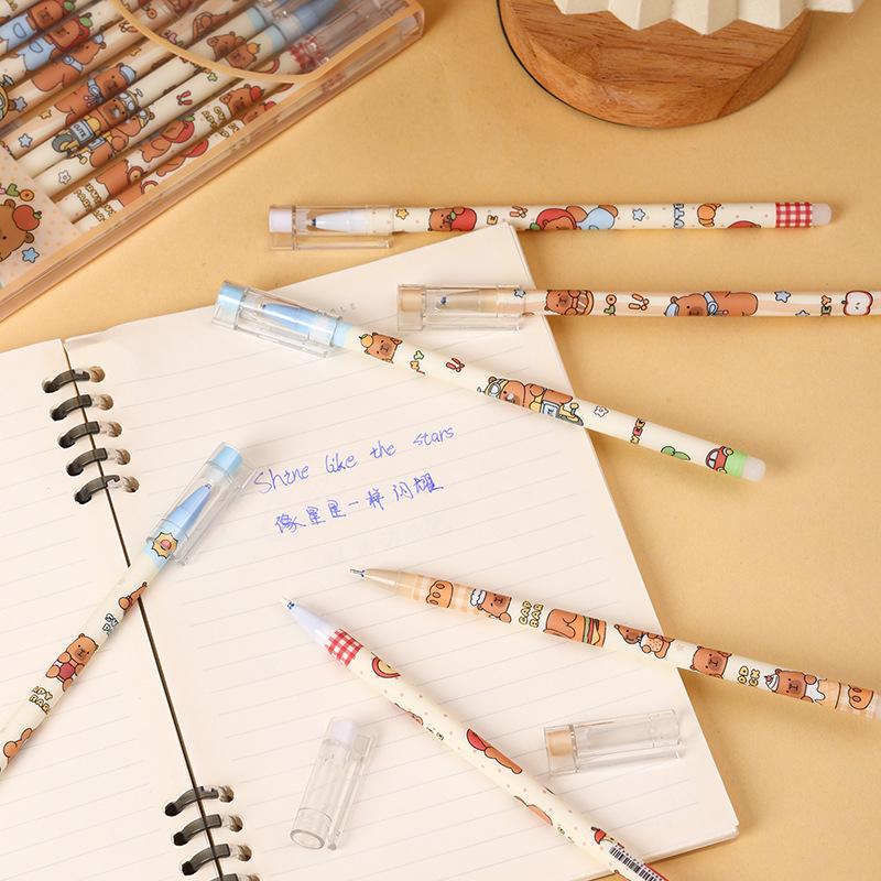 12Pcs Cute Cartoon Capybara Erasable Neutral Pen Cartoon Cute Writing Pen Student Stationery Gifts