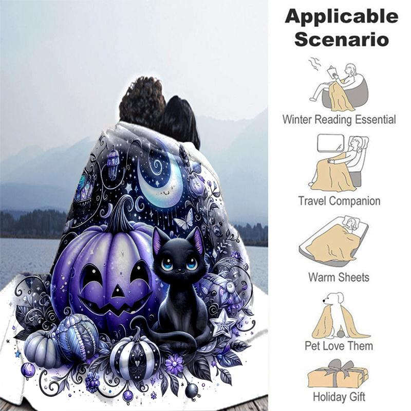1pc Happy Pumpkin & Cat Blanket  Soft Throw for Home Decor, Gift Idea, Living Room, Travel, Camping, Car Blankets