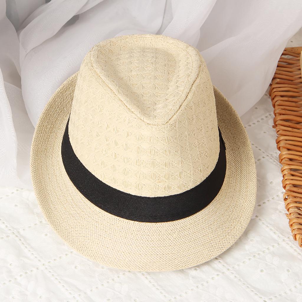 Solid Color Summer Jazz Straw Hat for Men British Curled Brim Cowboy Breathable Panama Hat Outdoor Travel Beach Ribbon Caps
