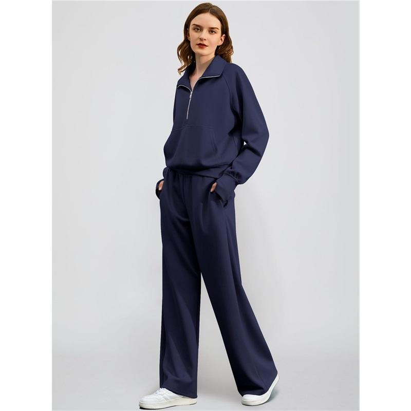 Women's  Half-Zip Sweatshirt And Wide Leg Pants Casual Loungewear Set